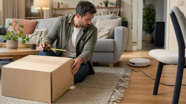 Acheteur mesurant une pièce avant d'ouvrir le carton neutre d'un robot domestique