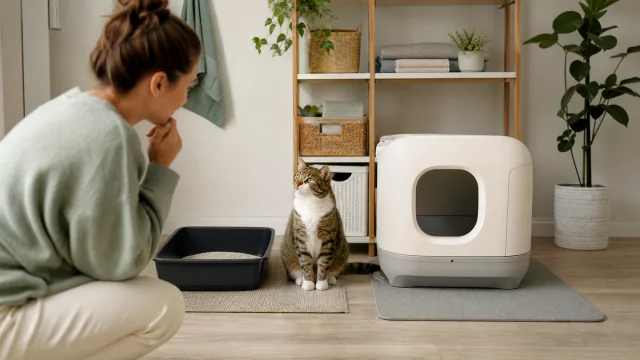 Chat observant une litière classique et une litière autonettoyante dans un espace calme