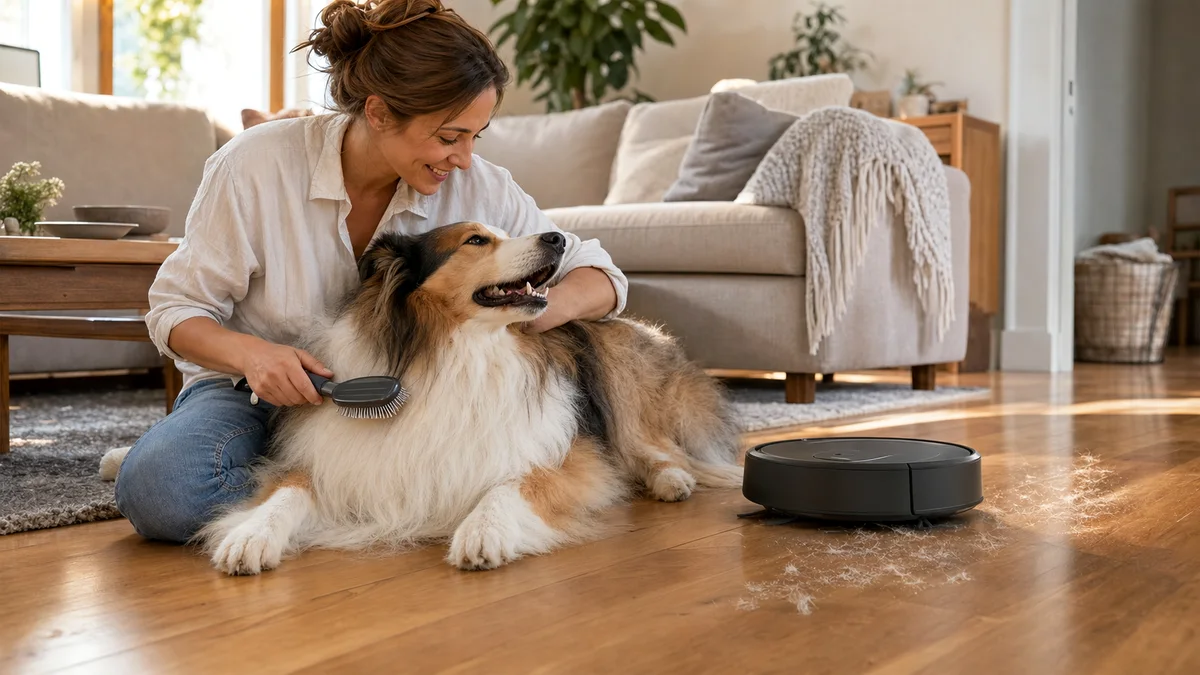 Chien brossé par sa propriétaire pendant qu'un robot aspire quelques poils au sol
