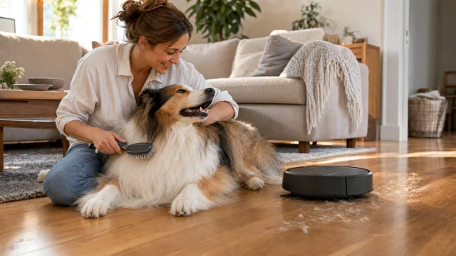 Chien brossé par sa propriétaire pendant qu'un robot aspire quelques poils au sol
