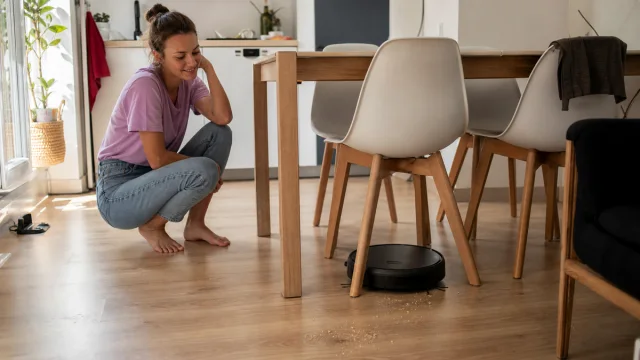 Petit robot aspirateur d'entrée de gamme nettoyant sous une table dans un appartement