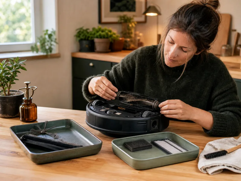 Propriétaire entretenant la brosse et les filtres d'un robot aspirateur générique