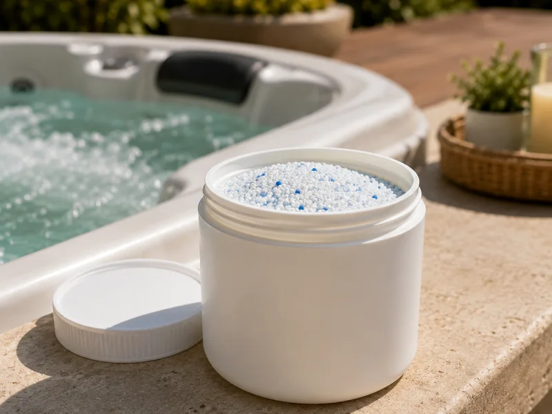 Traitement de l'eau en pastilles pour spa et piscine près d'une eau limpide