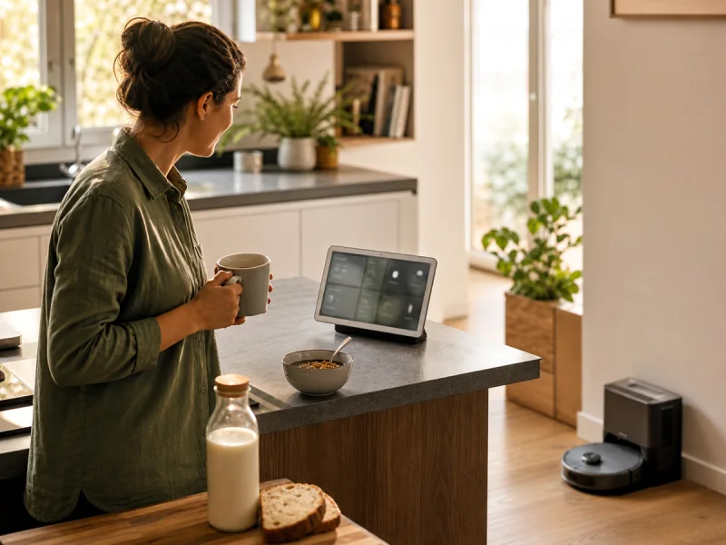 Parent consultant un écran domotique générique dans la cuisine pendant qu'un robot rejoint sa base