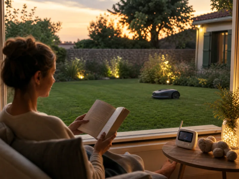 Jardin résidentiel paisible au crépuscule avec un robot tondeuse générique discret