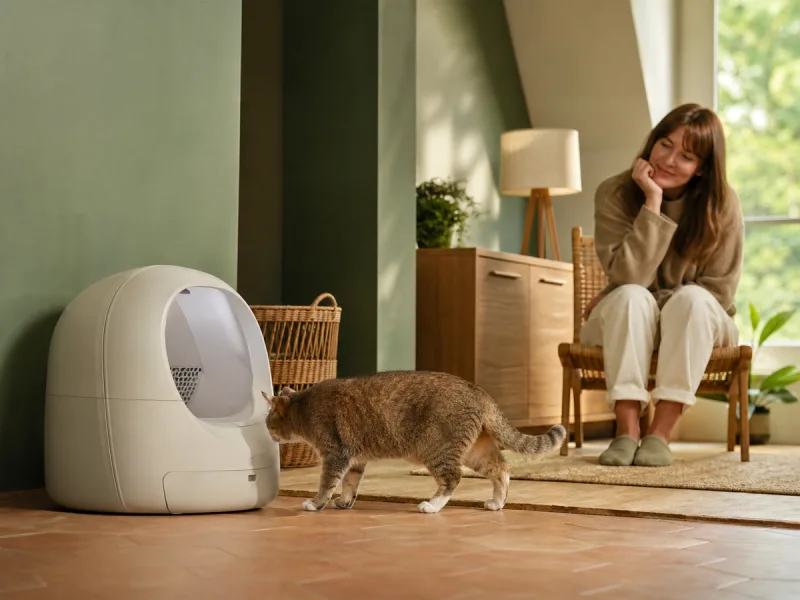 Chat approchant calmement une litière autonettoyante générique sous le regard de sa propriétaire