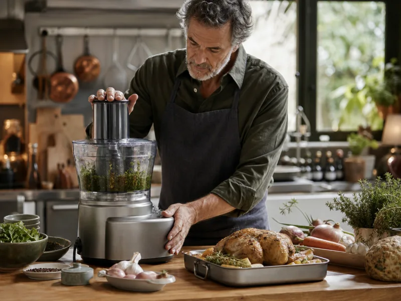 Cuisinier expérimenté préparant un repas avec un robot cuiseur métallique générique