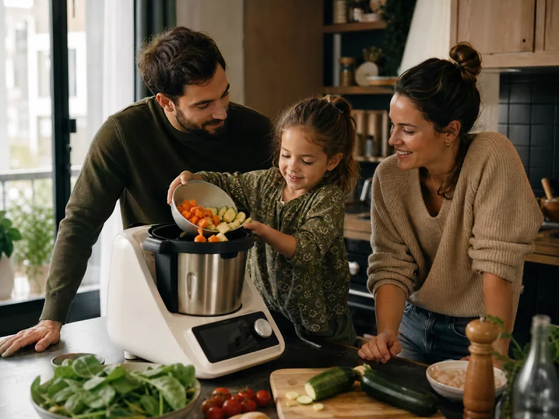 Jeune famille cuisinant ensemble avec un robot cuiseur guidé générique