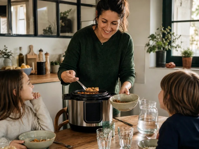 Parent servant un dîner préparé dans un multicuiseur générique à ses enfants