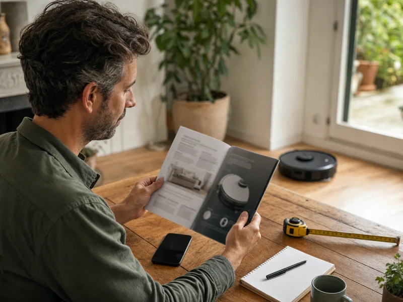Propriétaire consultant un guide d’achat de robots domestiques avant de comparer