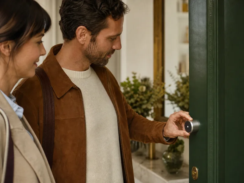 Couple vérifiant une serrure connectée générique avant de quitter son appartement