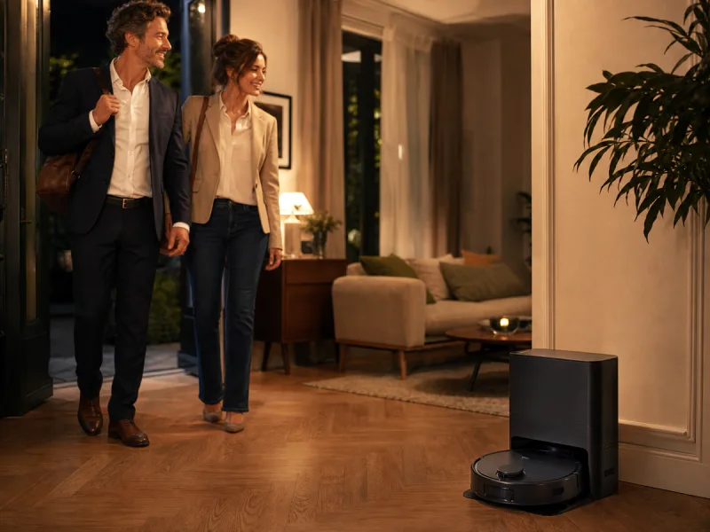 Salon entretenu par un robot aspirateur générique pendant que ses habitants rentrent chez eux