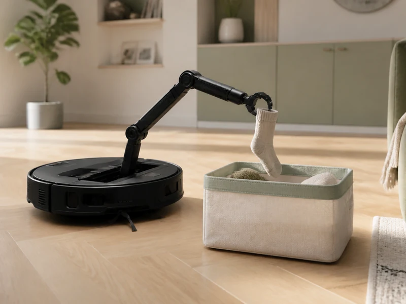 Robot aspirateur noir générique avec bras mécanique pliable rangeant une chaussette légère