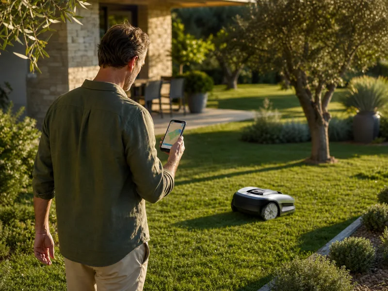 Propriétaire délimitant sur son téléphone la zone d'un robot tondeuse générique sans câble