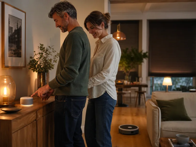 Couple configurant une centrale domotique générique dans un intérieur coordonné