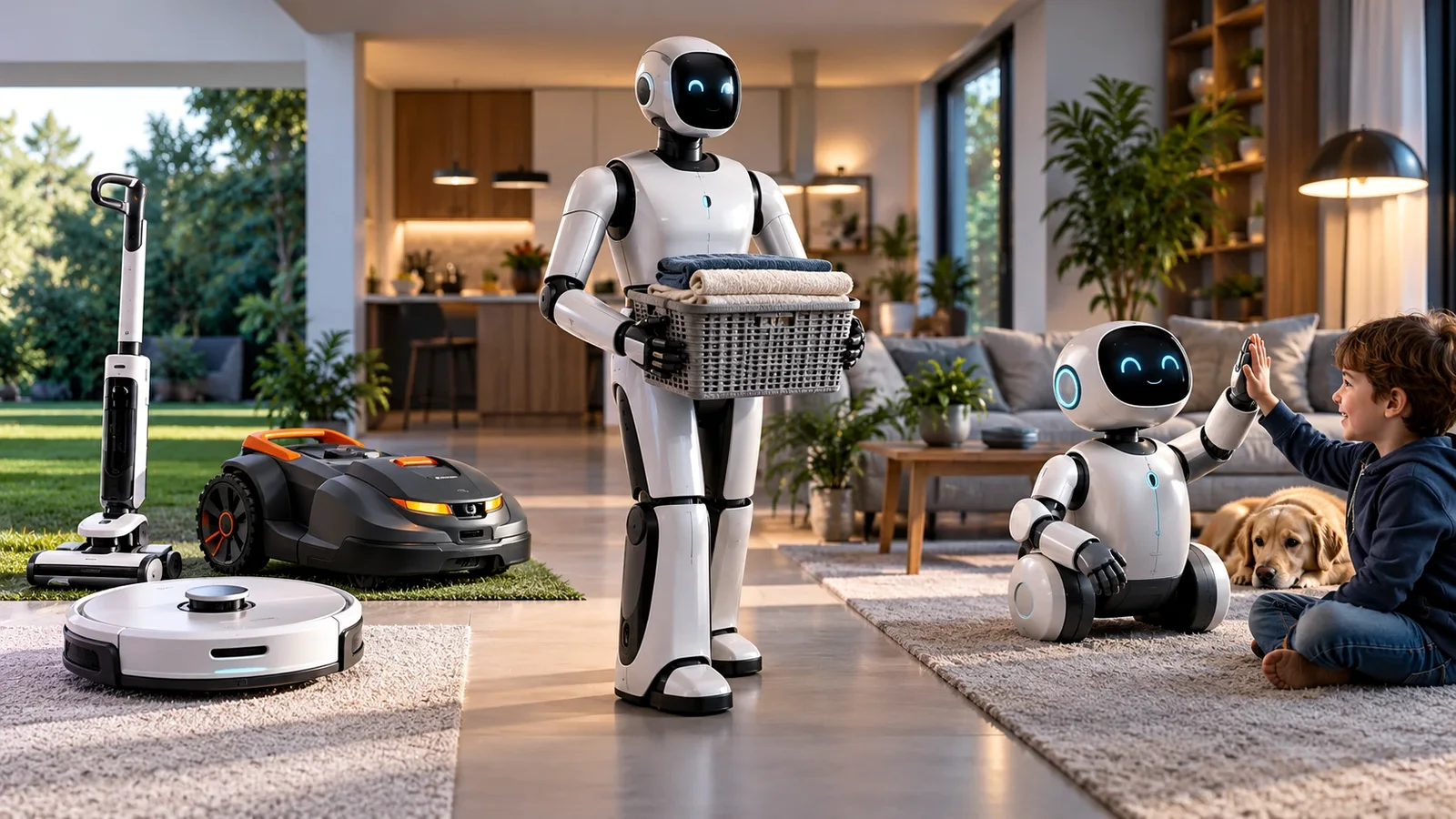 Les robots de maison réunis dans un salon : aspirateurs, tondeuse, humanoïde portant le linge et robot compagnon avec un enfant
