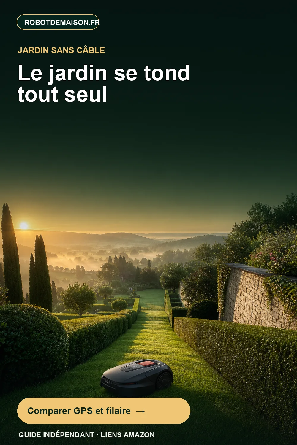 Robot tondeuse autonome dans un jardin en pente au lever du soleil