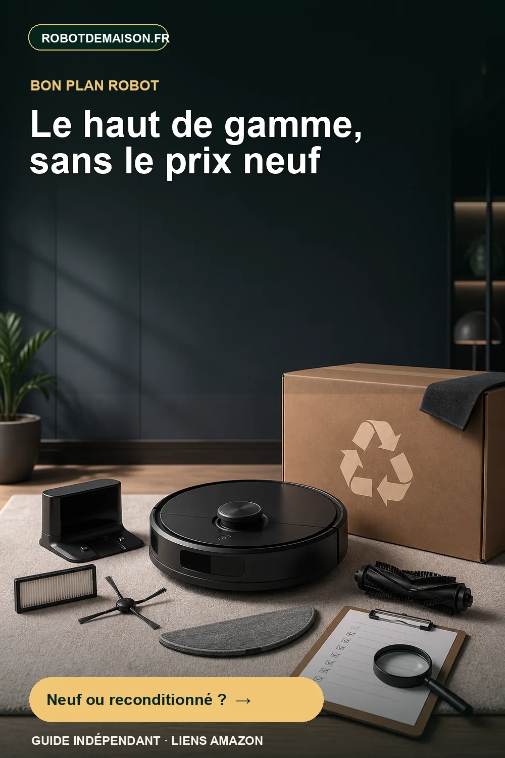 Robot aspirateur reconditionné présenté avec ses accessoires contrôlés
