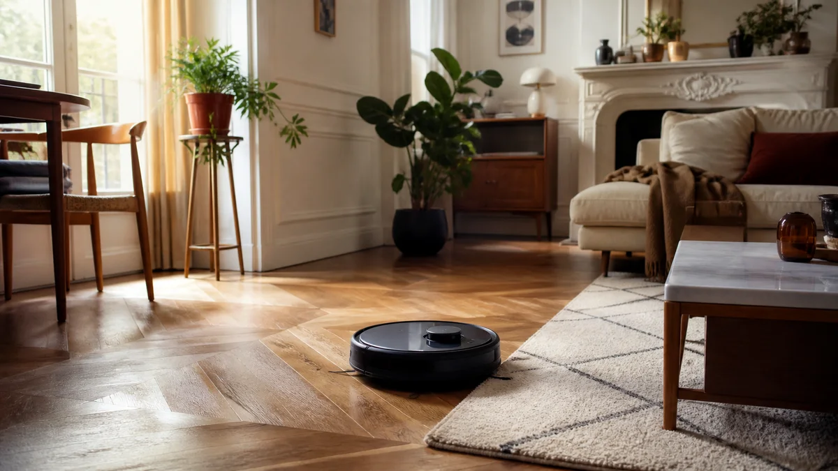Robot aspirateur-laveur générique en action dans un salon français lumineux et habité