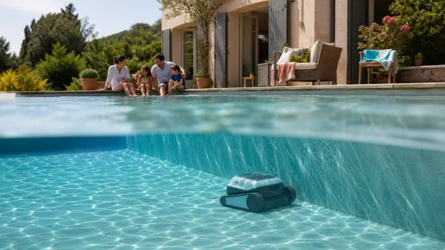 Robot de piscine générique sous l'eau dans un bassin familial